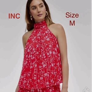 INC Women's Floral-Print Pleated Halter Top